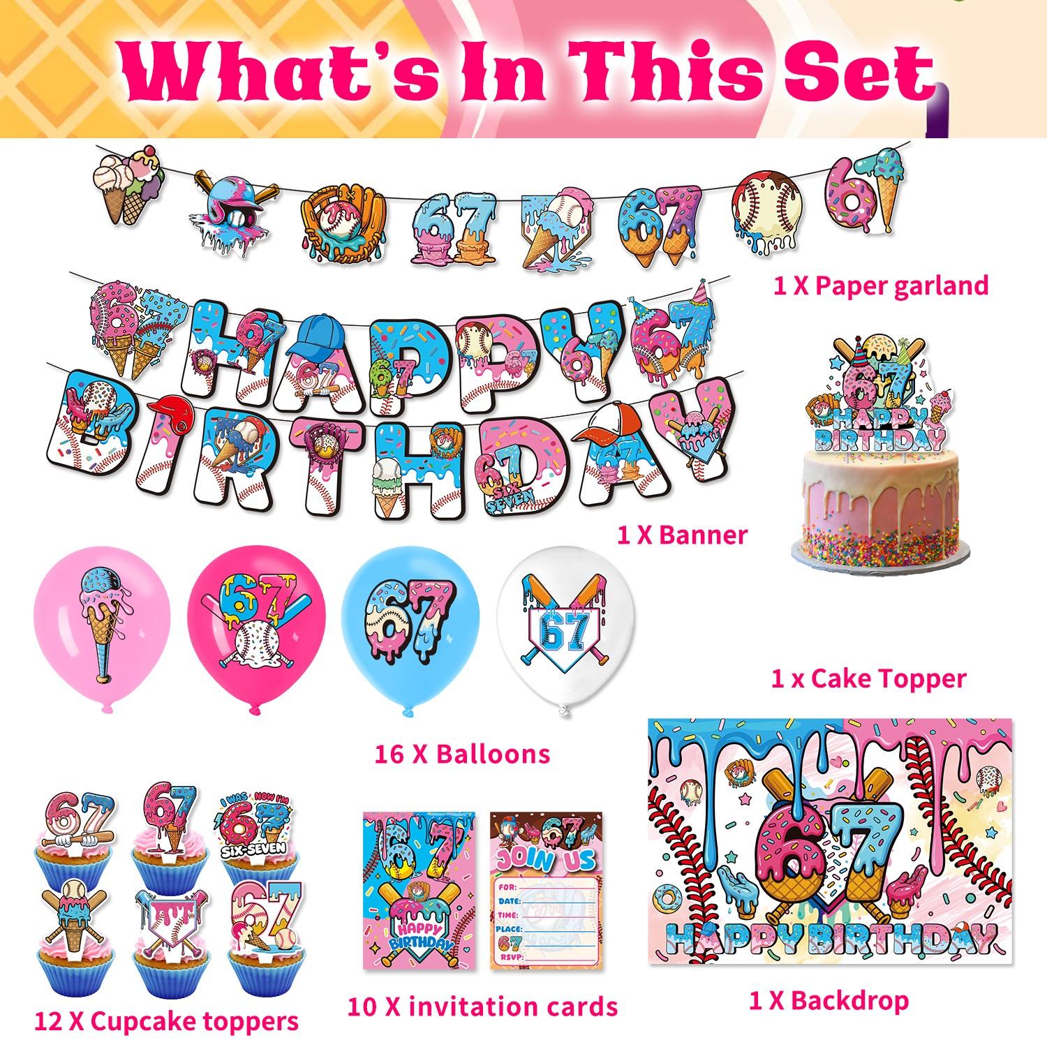 42-Piece Baseball Ice Cream Theme Birthday Party Decoration Set, Includes Banner, Cake Topper, Balloons, Backdrop, Invitation Cards