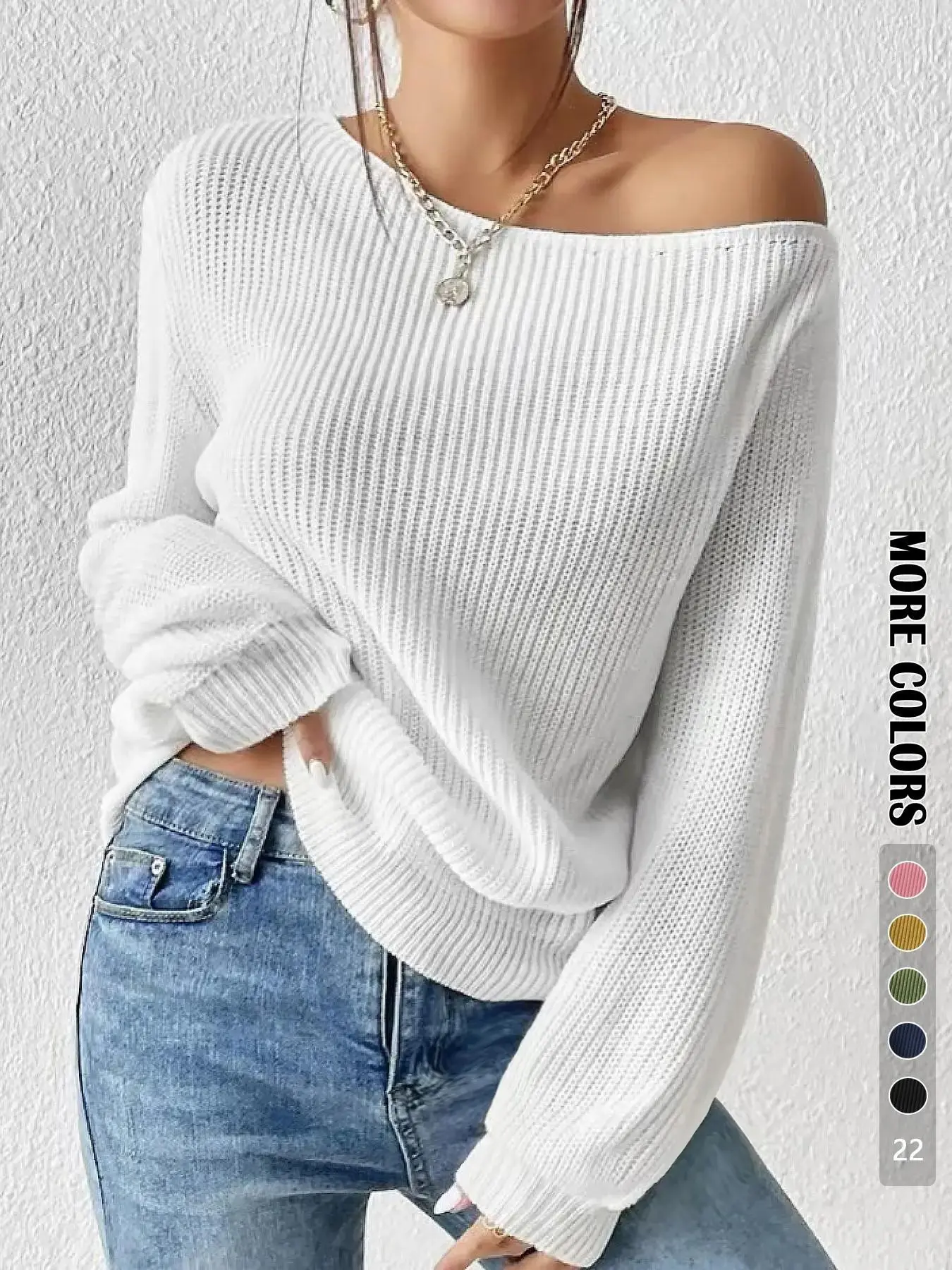 Women's Off-Shoulder Asymmetrical Boat Neck Slant Shoulder Pullover, Long Sleeve Knit Top, Casual Fitted Acrylic Sweater for Fall Winter