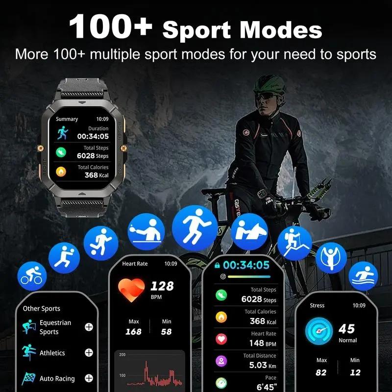 Men's Wearable Smart Watch C28: 2.02 inches, military design, supports calls, 5 ATM water resistance, can monitor heart rate/blood oxygen/sleep/step count, over 100 sports modes, compatible with Android/iOS systems