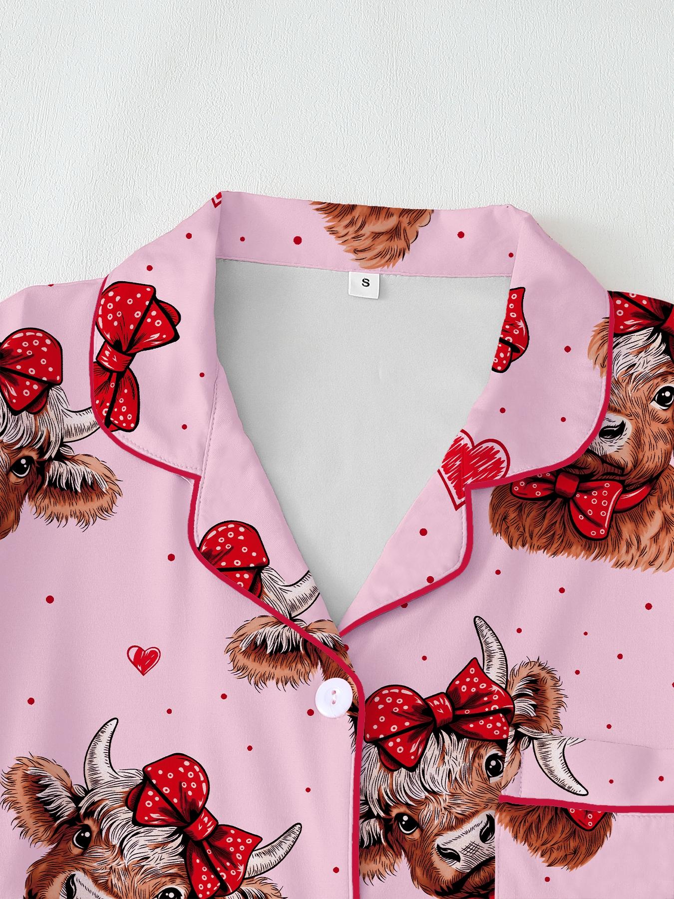 Valentine's Day Women's Pajama Set, Comfortable Cute Elastic Highland Cow Bow Collar Shirt & Pants Two-Piece Sleepwear, Party Wear