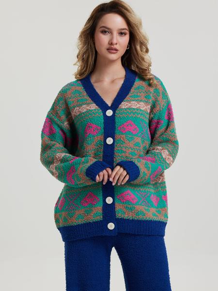 Two-picec  Women's Vintage Style Home Set, Knit Cardigan & Deep Blue Wide-Leg Pants, Pop Art Pattern, Thick Fabric, Fall Winter Boho Loose Fit