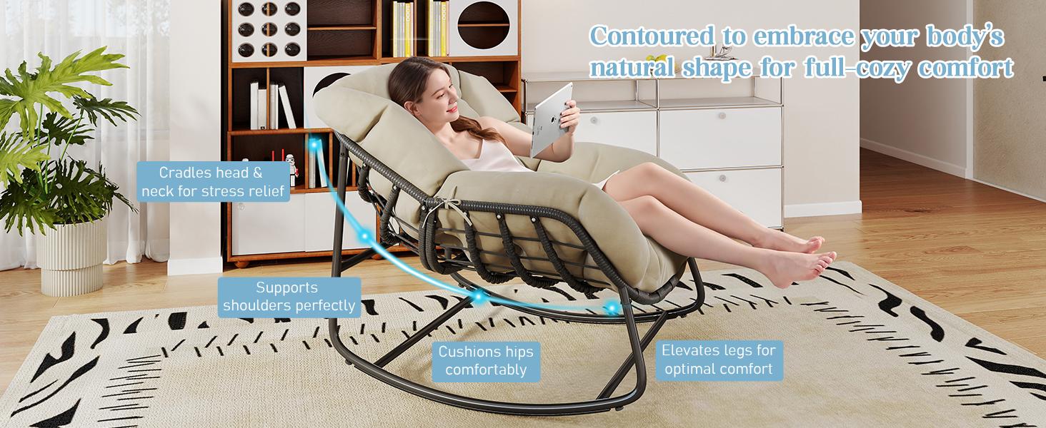 Outdoor Rocking Chair with Thick Cushion,450/550 lbs Capacity, Indoor Egg Rocking Chair with Adjustable Backrest for Backyard, Balcony, Living Room