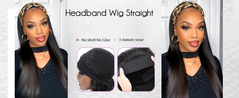 28 Inch 250% Density Headband Wig Blended Human Hair Straight Machine Made Wigs None Lace Front Wigs Glueless Human Hair Wig for Women Natural Color