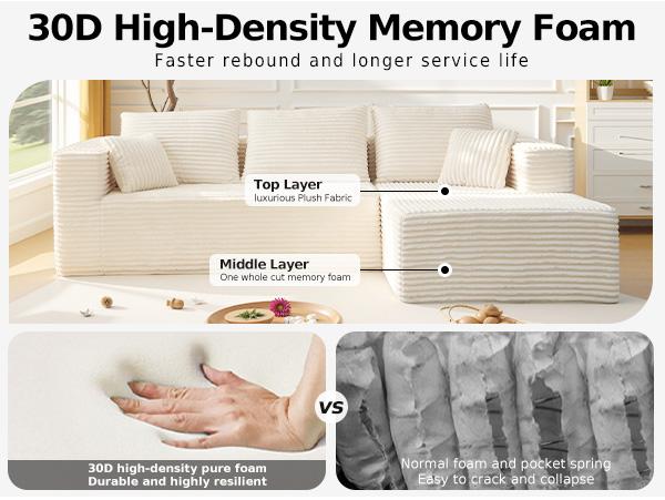 CHORRO 108''Sectional Boneless Cloud Sofa,Modern Modular L-Shape Couch for Living Room,Corduroy Convertible Sponge Sleeper Sofas,Upholstered Lougne Chaise Couchs-with Soft Pillow(Camel,Left Chaise)