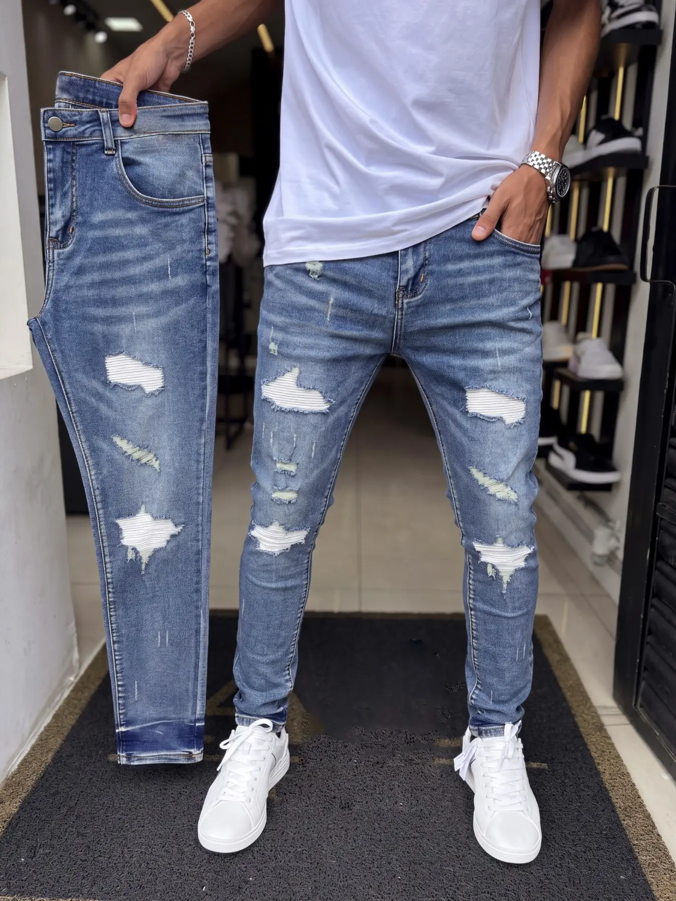 Men's Slim-Fit Jeans, Light Blue Washed Design with White Patch Ripped Details, Vintage Streetwear Style Fashion Trendy Denim Pants.