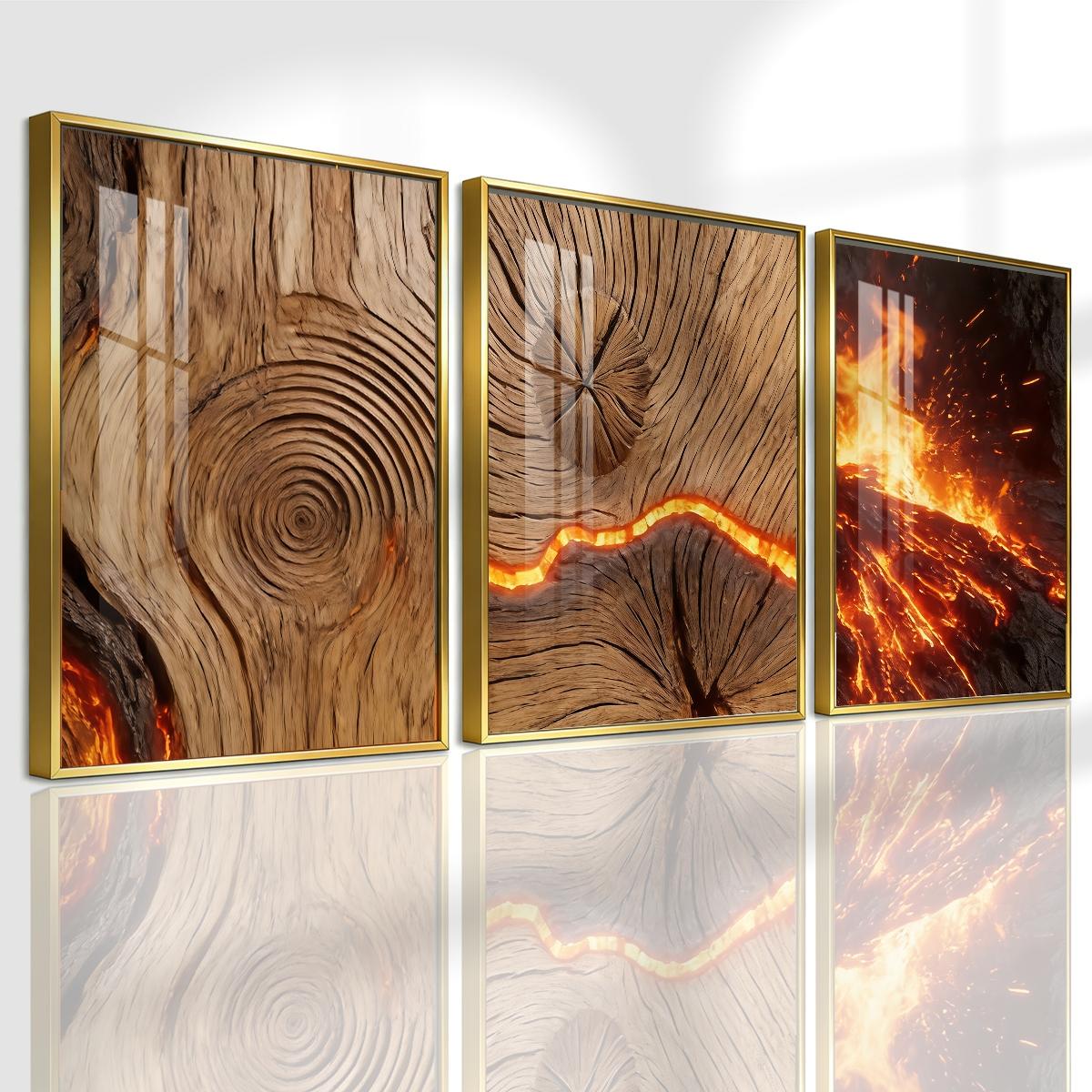 3 Counts Aluminum Alloy Framed Painting, Burning Wood Texture And Flowing Lava Art Pictures, Home Decoration For Living Room, Bedroom, Office, Restaurant, Hallway Wall Decor, Odorless Print Artwork, Luxury Perfect Gift For Friends And Family