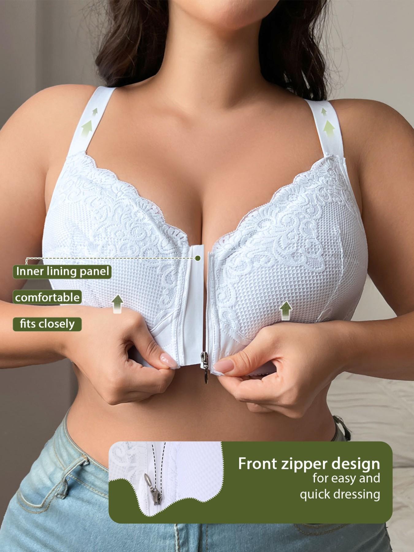 Women's Plus Size Front-Zip Wireless Push-Up Bra - Hidden Zipper, Floral, Elegant, Feminine, Chic, Wide Adjustable Straps, Comfort Breathable, Slim Shaping Silhouette | Valentine's Day Gift, Bridal & Everyday Wear