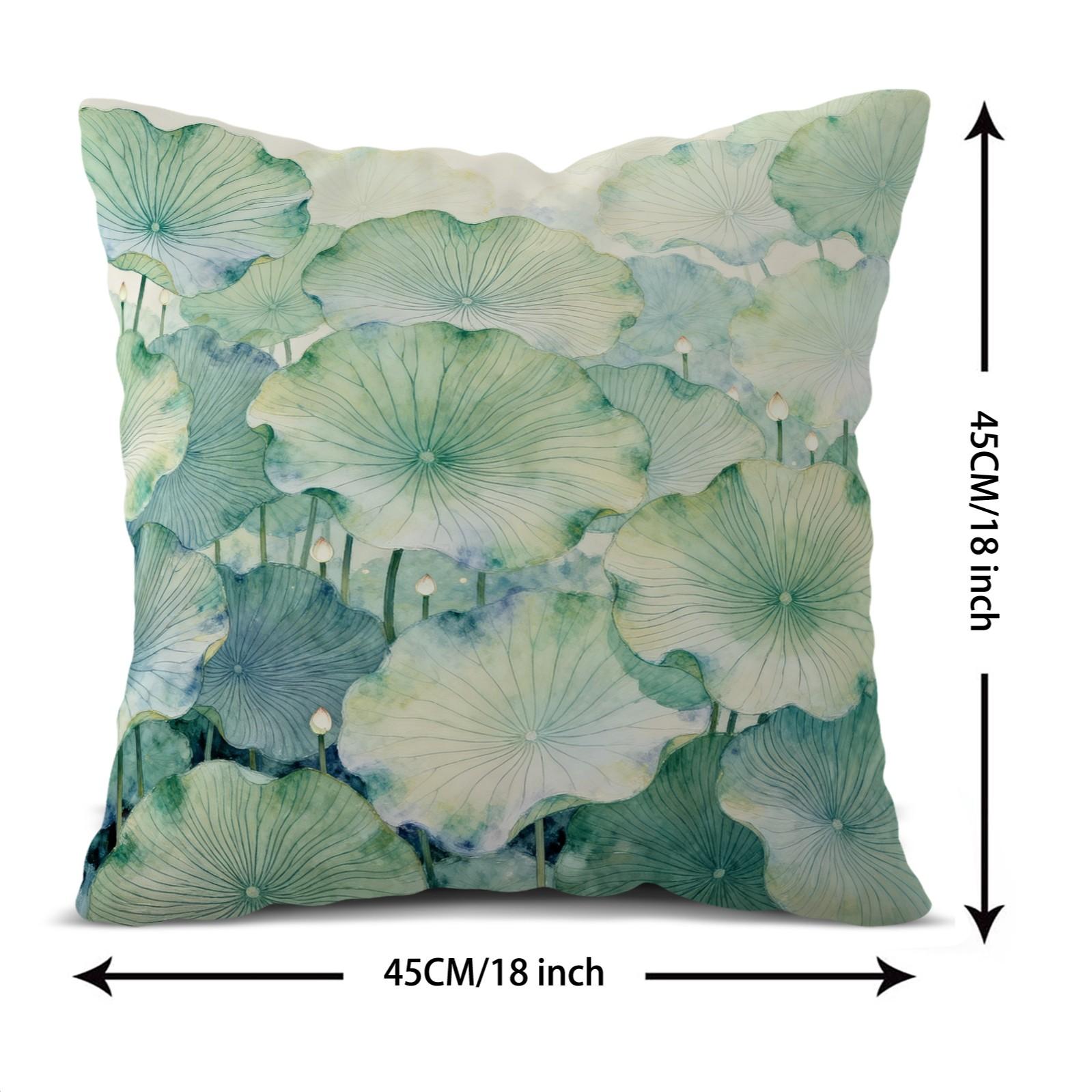 1 Piece Watercolor Lotus Leaf Throw Pillow, Green Lotus HD Digital Print Decorative Accent Pillow, Soft Cushion with Invisible Zipper for Couch Bed Sofa, 18x18 Inch (No Insert)