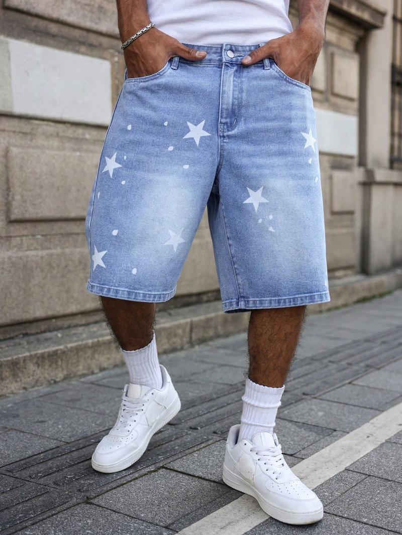 Unisex Star Print Denim Shorts | American High Street Baggy Washed Jorts | Viral TikTok Pick for Street Style, Skate Outings, Y2K Fits, Daily Commute, Music Festivals, Gradient Wash + Star Print + Wide-Leg Fit, TikTok Viral Apparel, Denim Jorts, High Stre