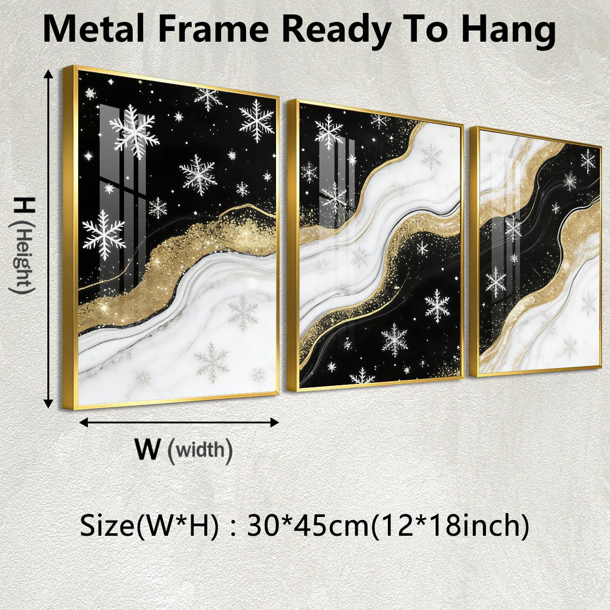 3 Counts Aluminum Alloy Framed Painting, Black White And Gold Snowflake Abstract Art Pictures, Home Decoration For Living Room, Bedroom, Office, Restaurant, Hallway Wall Decor, Odorless Print Artwork, Luxury Perfect Gift For Friends And Family