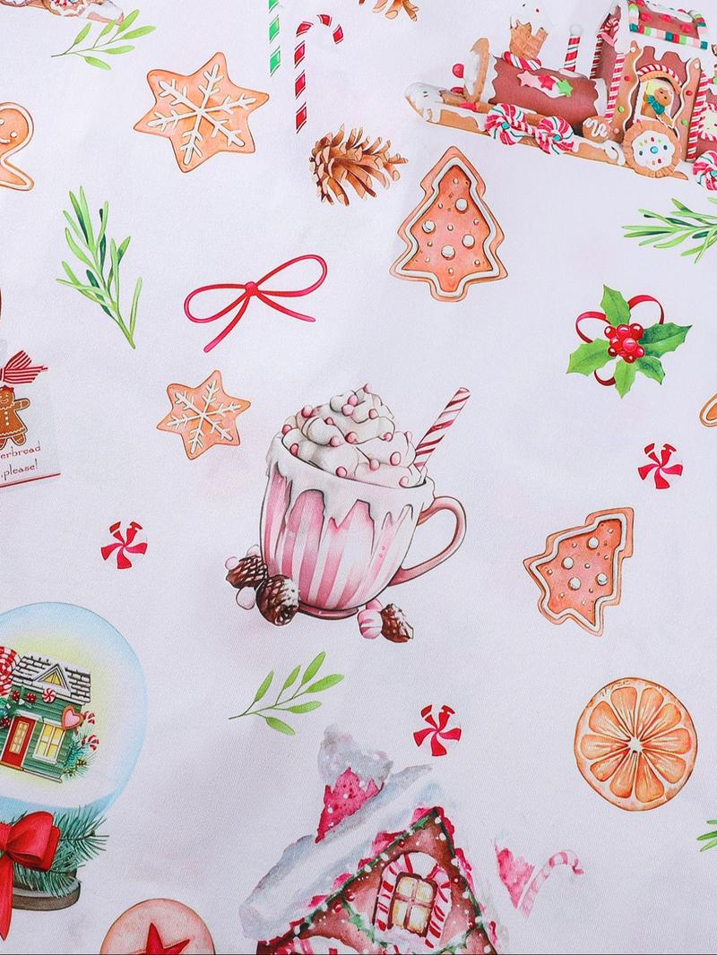 【Christmas Pyjamas】Women's Set, Watercolor Gingerbread Print, Short Sleeve Button Front Top & Elastic Shorts, Casual Home Wear, Loungewear