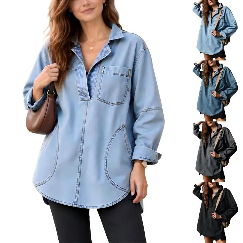 FMEYOA Women's Denim Pullover Casual Button V Neck Blouse Loose Fit Long Sleeve Jean Jacket with Pocket