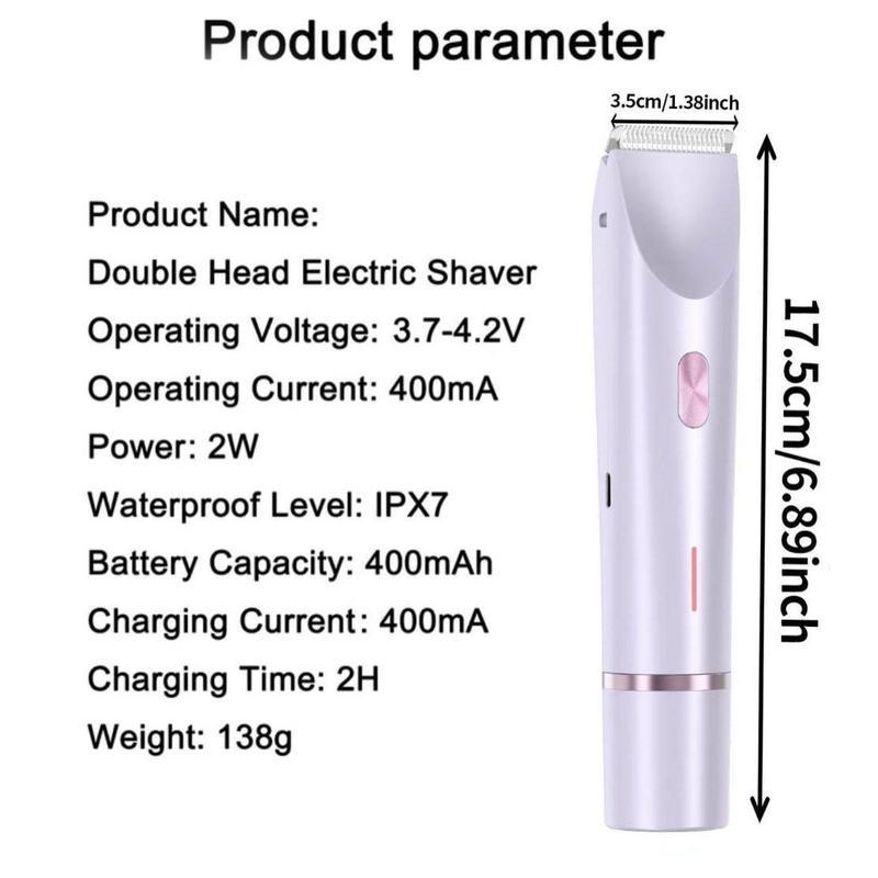 Bikini Trimmer for Women, Electric Shaver and Razor Rechargeable 2-in-1 Body and Facial Epilator, Dual Heads for Painless Trimming of Pubic Hair, Face, Underarms and Legs, IPX7 Waterproof. Christmas Gift New Year