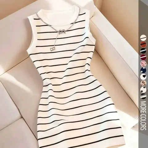Women's Sleeveless Bodycon Cut Round Neck Dress with Striped Print, Elegant Chic Womenswear Dress for Spring/Summer