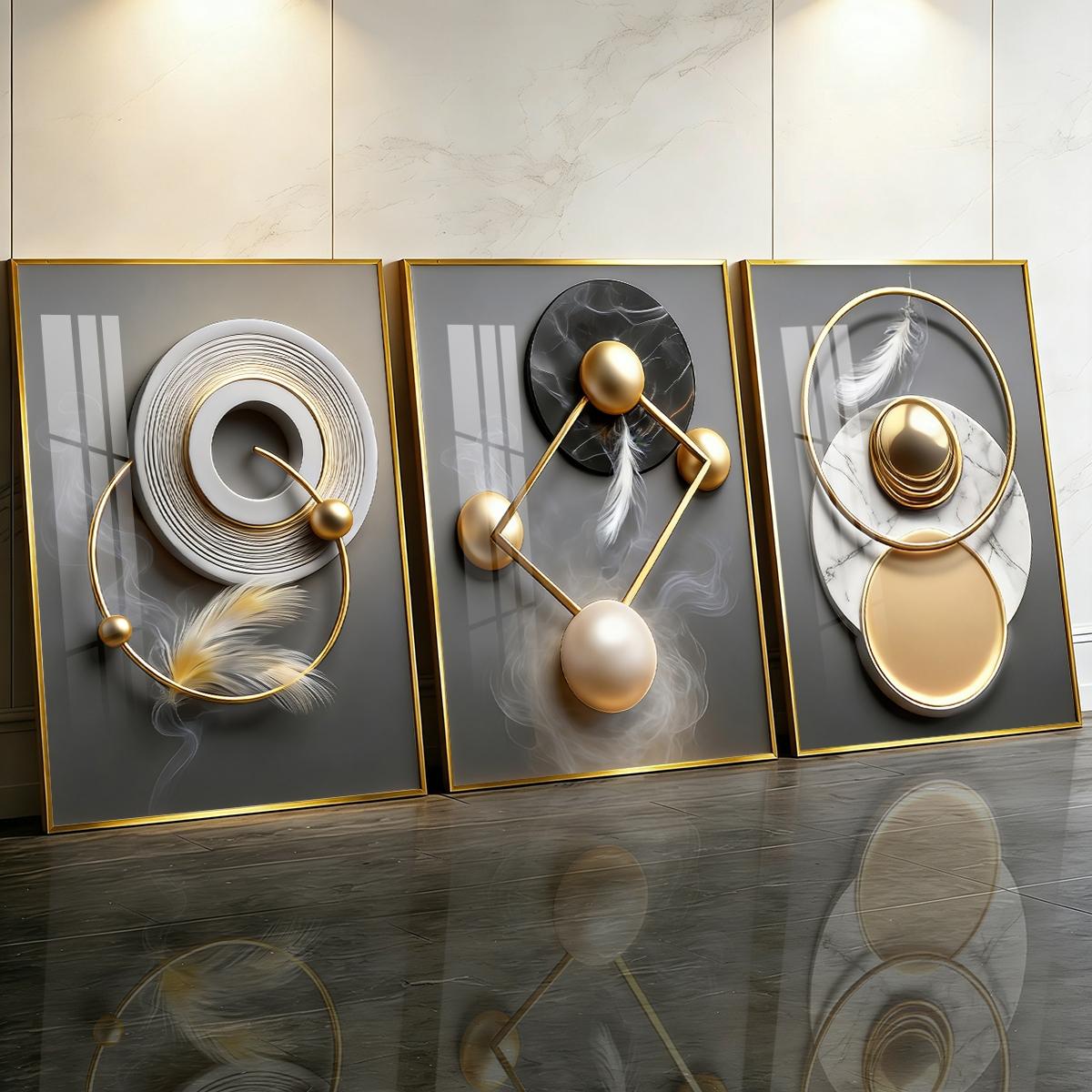 3 Counts Aluminum Alloy Framed Painting, Modern Abstract Geometric Gold And Feather Art Pictures, Home Decoration For Living Room, Bedroom, Office, Restaurant, Hallway Wall Decor, Odorless Print Artwork, Luxury Perfect Gift For Friends And Family