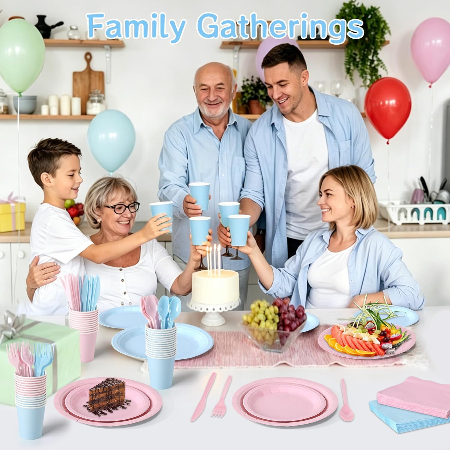 350 count  Plates and Cups Set, Light  and Light Blue 7 Inch and 9 Inch Paper Plates with 9 oz Cups, Napkins and Plastic Cutlery for  Party