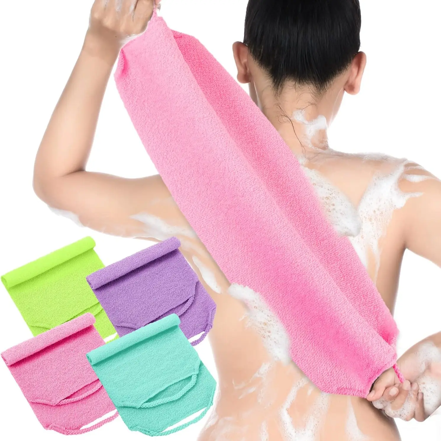 4-Pack Simple Style Long Strip Exfoliating Back Scrubbers, Stretchable Strong Dead Skin Remover, Unisex Bath Essentials for Home Use, Body Scrub Sponge