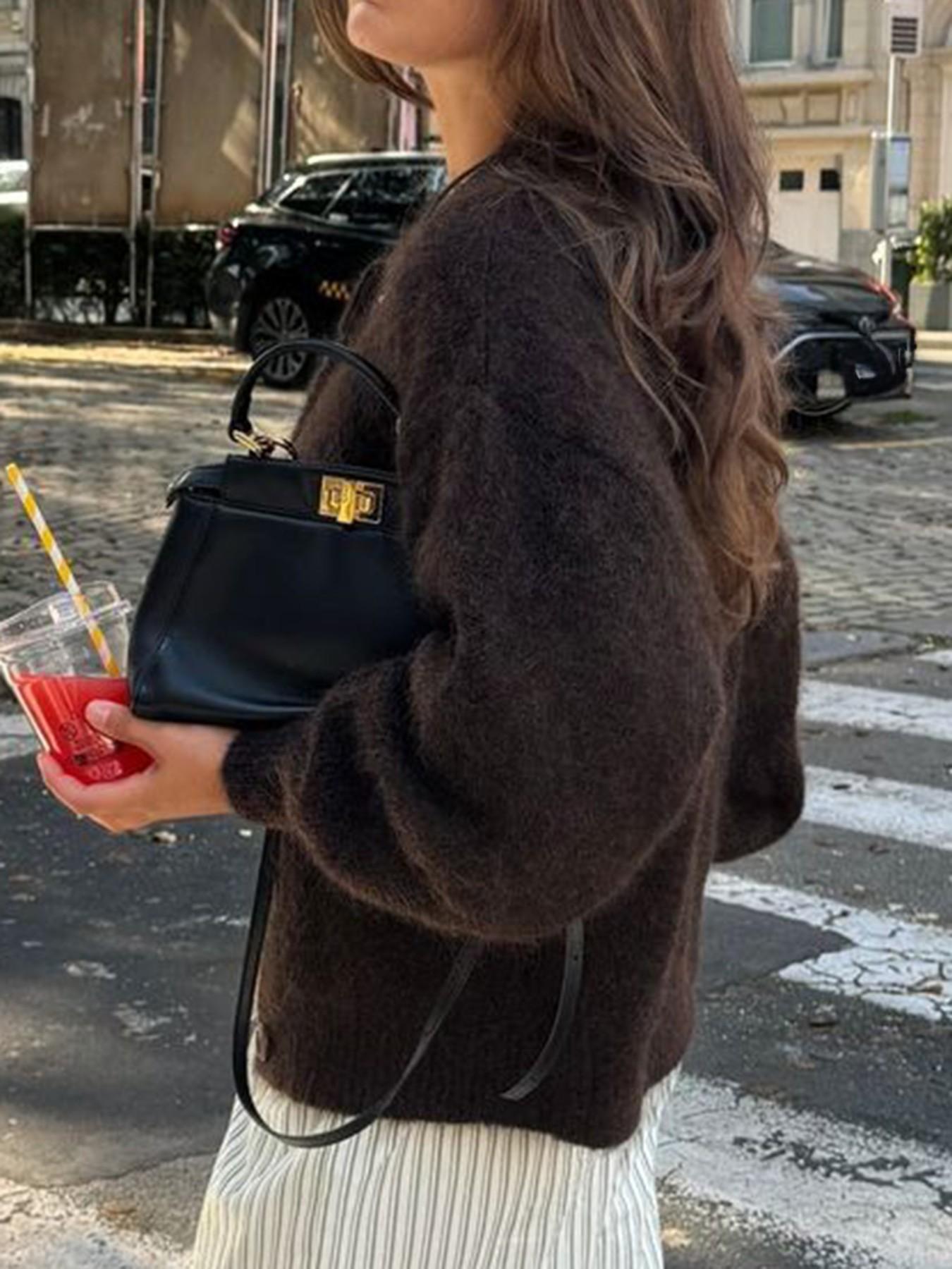 Autumn Winter New Retro Round Neck Solid Color Short Knitted Cardigan, Loose Long Sleeve Button Front Sweater Coat, Casual Daily Wear Women's Top