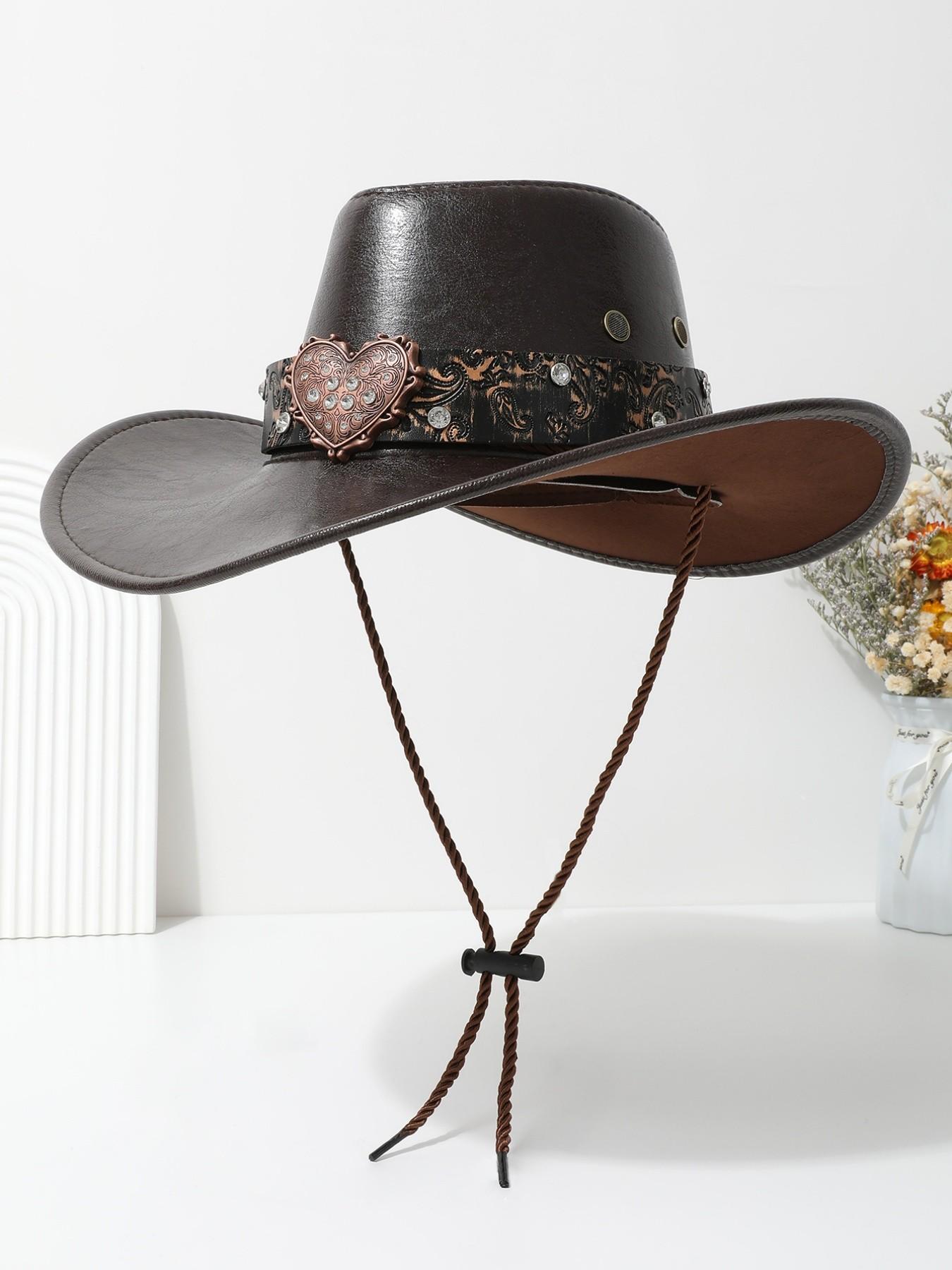 Vintage Heart-Shaped Rhinestone Leather Classic Cowboy Hat, Western Paisley Pattern Sun Hat, Unisex Daily Wear Party Cap
