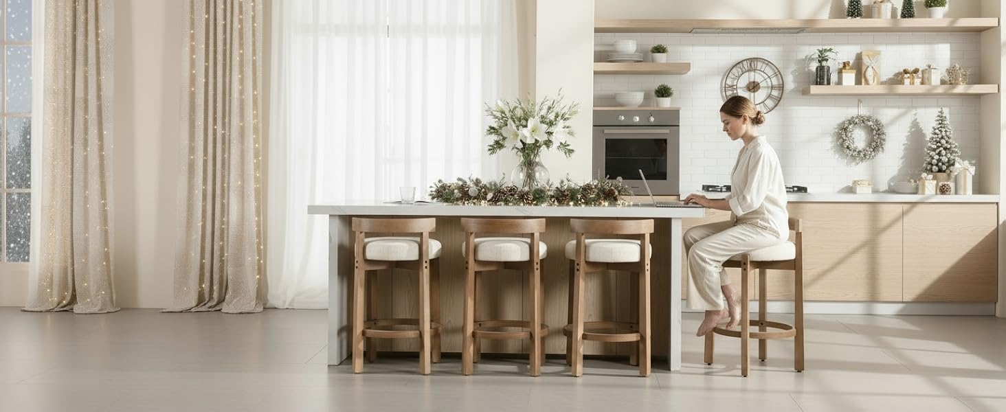 CHAIRUS Mid Century Counter Height Barstools, 26.5" Counter Stools with Back, Linen Upholstered Barstools with Solid Wood Legs ,Round Low Back Kitchen Stools with Footrest Kitchen Island Dining Room, Beige CHAIRUS Mid Century Counter Height Barstools, 26.5" Counter Stools with Back, Linen Upholstered Barstools with Solid Wood Legs ,Round Low Back Kitchen Stools with Footrest Kitchen Island Dining Room, Beige