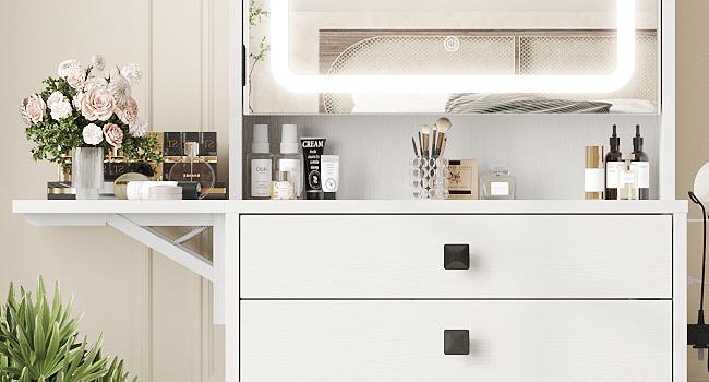 Vabches Small Makeup Vanity Desk with 3 Adjustable Lighted Mirror, Vanity Set with Fold-up Panel and Charging Station, Glass Top Dressing Table with Drawers and Chair, 2 Hidden Storage Shelves