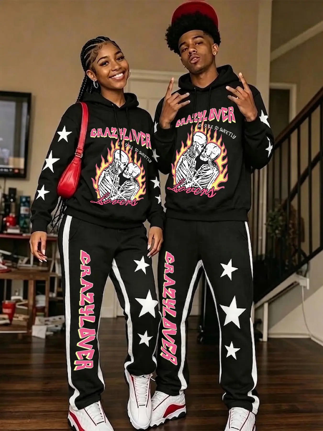 Spooky Halloween Couple Tracksuit Crazy Lover Skull Fire Print Star Sleeve Hoodie Sweatshirt + Pants Matching Set
