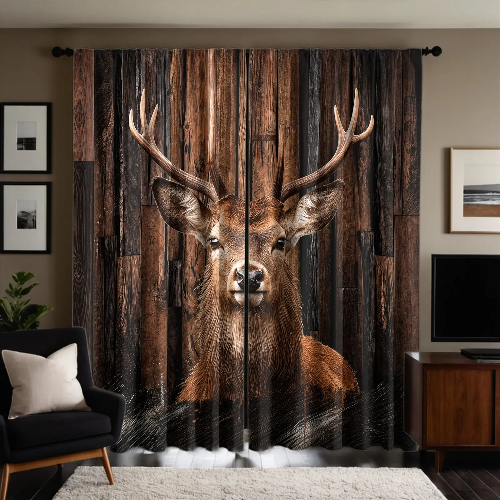Farm Forest Deer Print Pattern Ground Cloth Semi Blackout Curtains, 2-Piece Set, Semi Blackout Soft Light, Suitable For Teenagers And Adults, Bedroom And Living Room Decoration