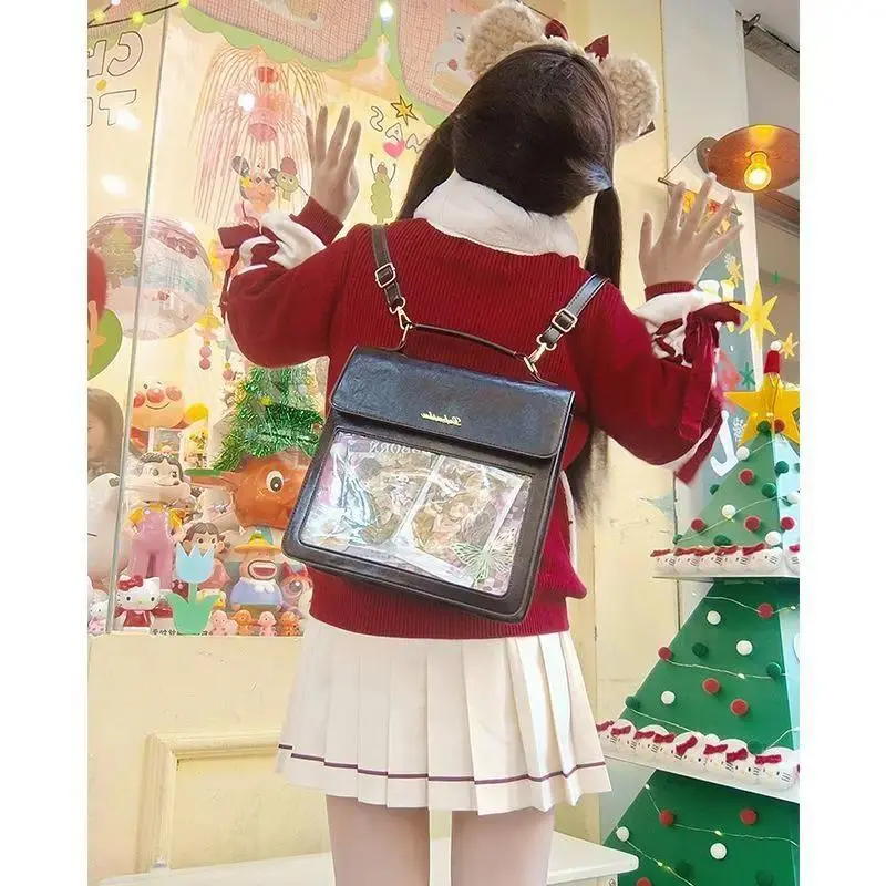 Japanese Retro Letter Solid Backpack Women Transparent Leather Anime Ita Bag Ladies Large Capacity Academic Style Mochilas Mujer