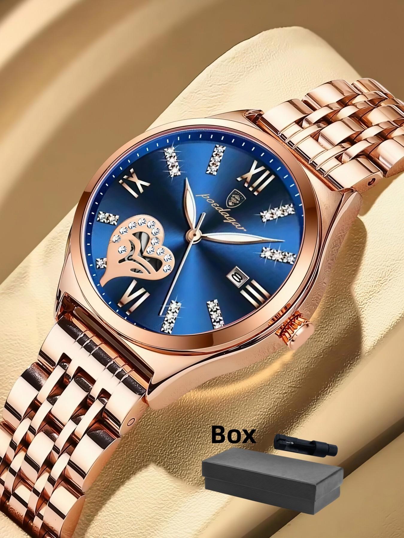 Women's Rhinestone Decorated Heart Design Quartz Watch, Fashionable Waterproof Luminous Analog Watch for Women & Girls, Trendy All-match Watch for Birthday Gift without Box, Casual Trendy Wristwatch, Fashionable Stylish Watch