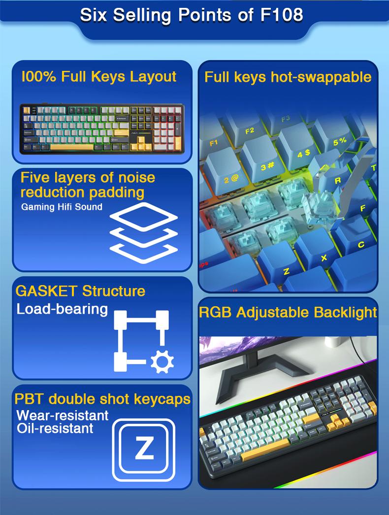 AULA F108 Pro & F108 Wireless Mechanical Keyboard, Three-Mode Connection, Hot Swappable Pads Custom Keyboard RGB Rainbow Backlight for PC/Tablet/Xbox/PS4/PS5 Boyfriend Gift Full Size Numeric Keyboard Office Computer Accessories  TikTokShopfalldealsforyou