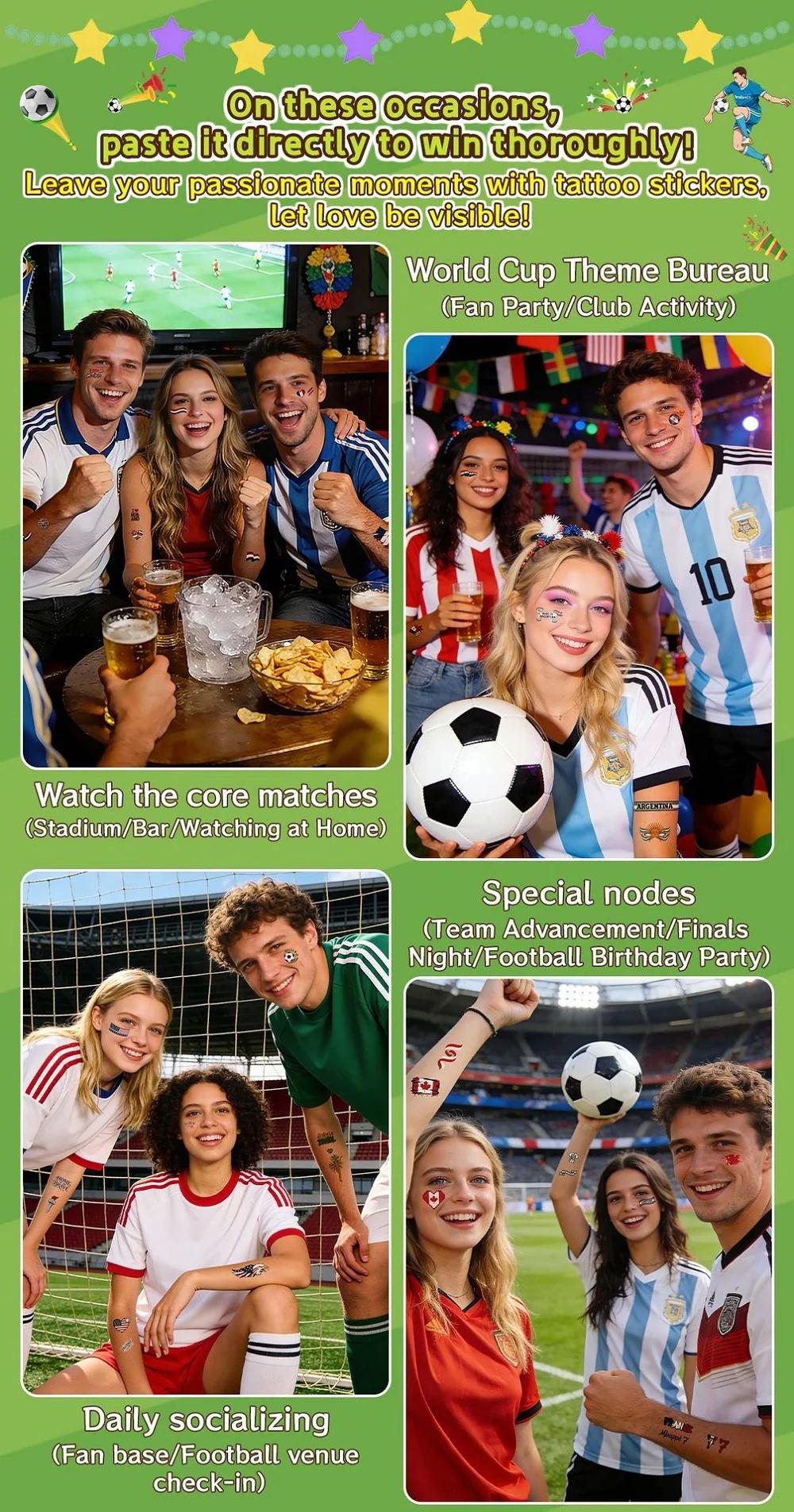 World Cup National Flag Temporary Tattoos, Waterproof Country Flag Fake Tattoos for Soccer Fans, 2026 Football Match Party Favors, Spain/France/Canada/Netherlands/Mexico/Brazil Patterns