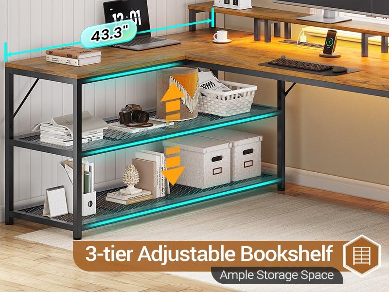 SEDETA 67" L Shaped Desk with Drawers, Computer Office Desk with Storage Shelves & Power Outlet, Reversible Gaming Desk with LED Lights for Home Office