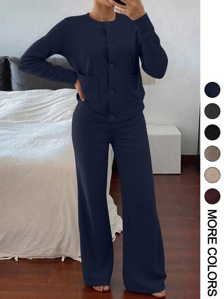 Women’s Casual Comfortable Round Neck Long Sleeve Knit Sweater Set with Pockets, High-Waisted Wide-Leg Pants, Perfect for Daily Wear
