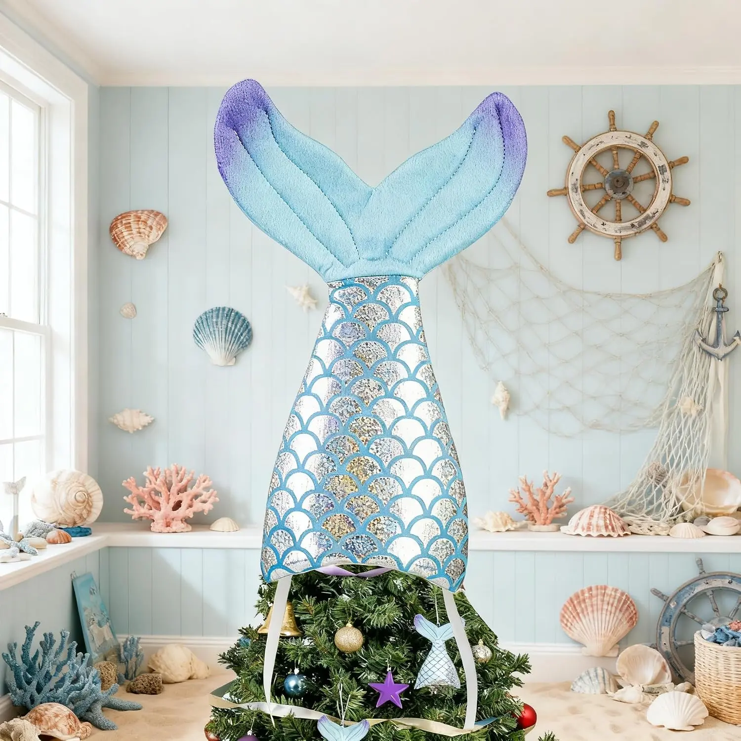 10In Blue  Tail Summer Tree Topper Fish Tail Tree Topper | Cute  Tree Topper for  Indoor/Outdoor Under The Sea  Birthday Beach Summer Pool Party Tree Decor