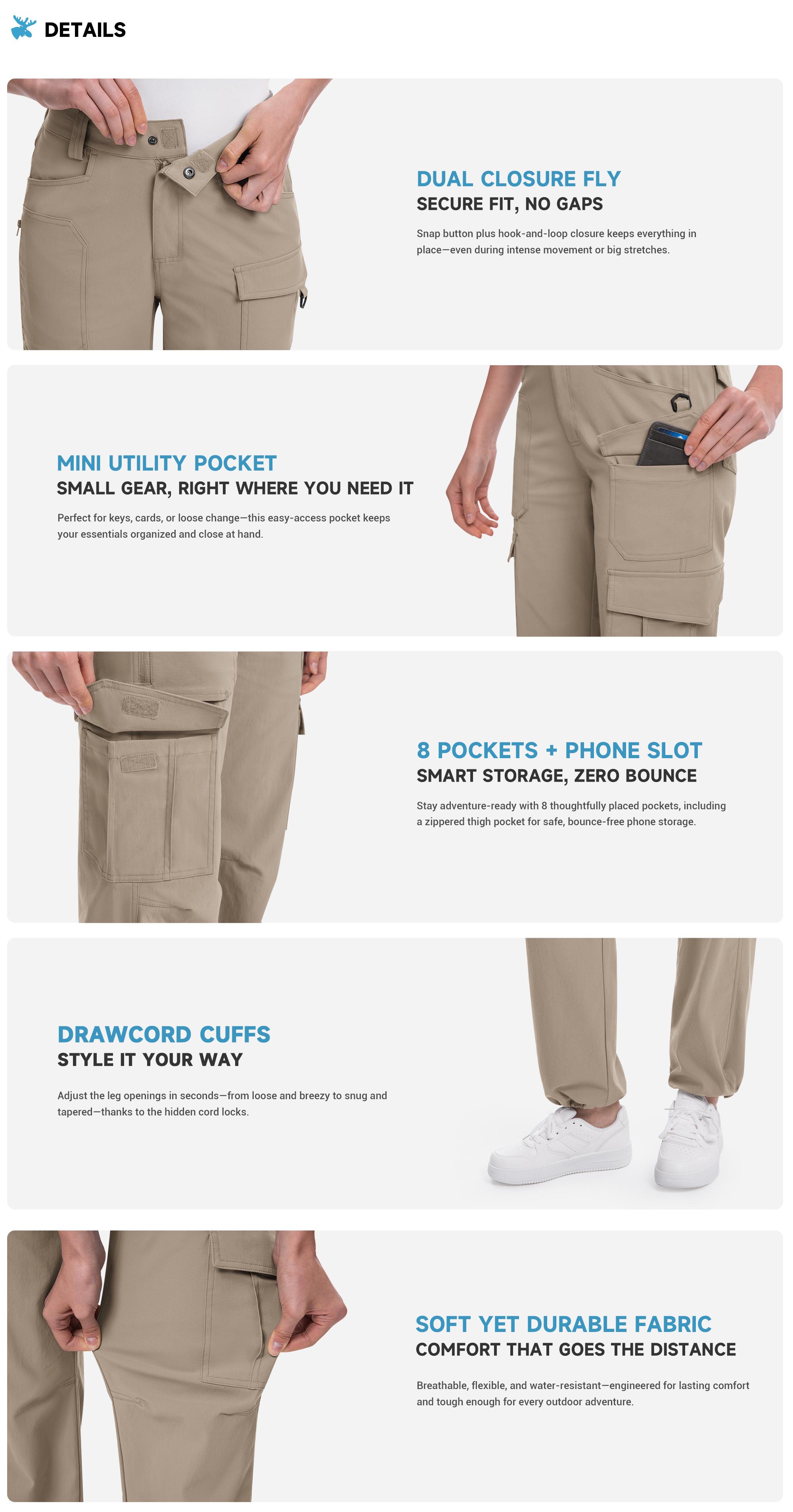 Moosehill Women's Cargo Hiking Pants High-Waisted Lightweight HikerFlex W038 Khaki Casual Comfy Pocket Sporty Trousers