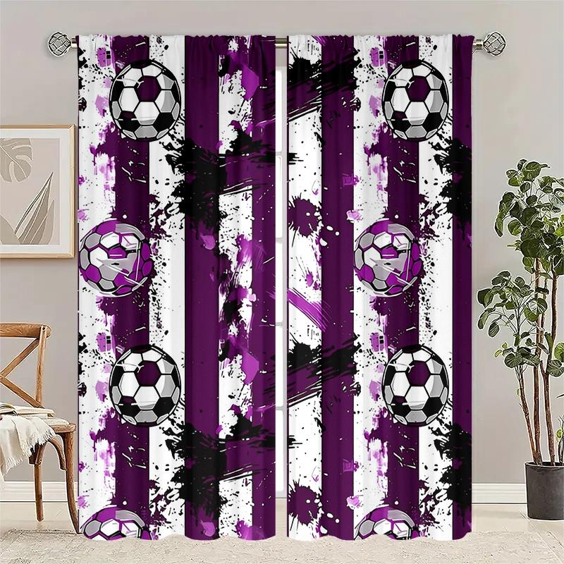 2 pieces of football-themed cartoon patterned curtains, made of polyester with semi-transparent texture, machine washable, suitable for bedrooms, living rooms and home decoration.