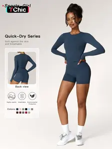 Women's Solid Round Neck Sports Tee & High Waist Shorts Tracksuit Set, Long Sleeve Tight-fitting Top & Skinny Shorts, Summer Outfits 2024, Ladies Sportswear for Indoor Outdoor Wear