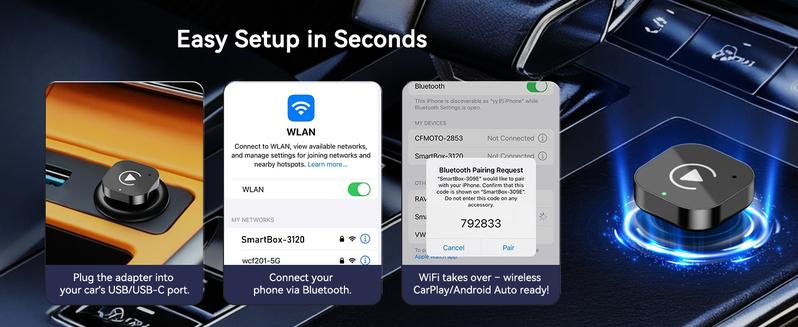 (Type-C) Two-In-One Carplay Adapter, Wireless Carplay Converter USB-C/android Auto USB-C, Convert Wired Connection to Wireless, Plug-And-Play, Wireless Carplay Dongle