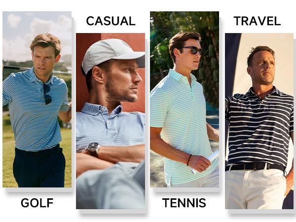 M MAELREG Golf Shirts for Men Short Sleeve Dry Fit Striped Performance Lightweight Moisture Wicking Collared Casual Golf Polo