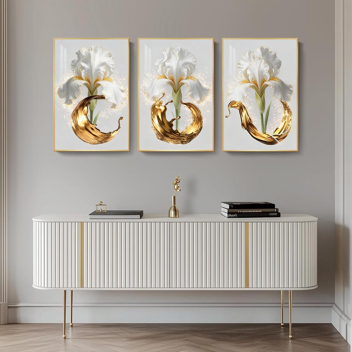 3 Counts Aluminum Alloy Framed Painting, Elegant White Iris And Golden Splash Art Pictures, Home Decoration For Living Room, Bedroom, Office, Restaurant, Hallway Wall Decor, Odorless Print Artwork, Luxury Perfect Gift For Friends And Family