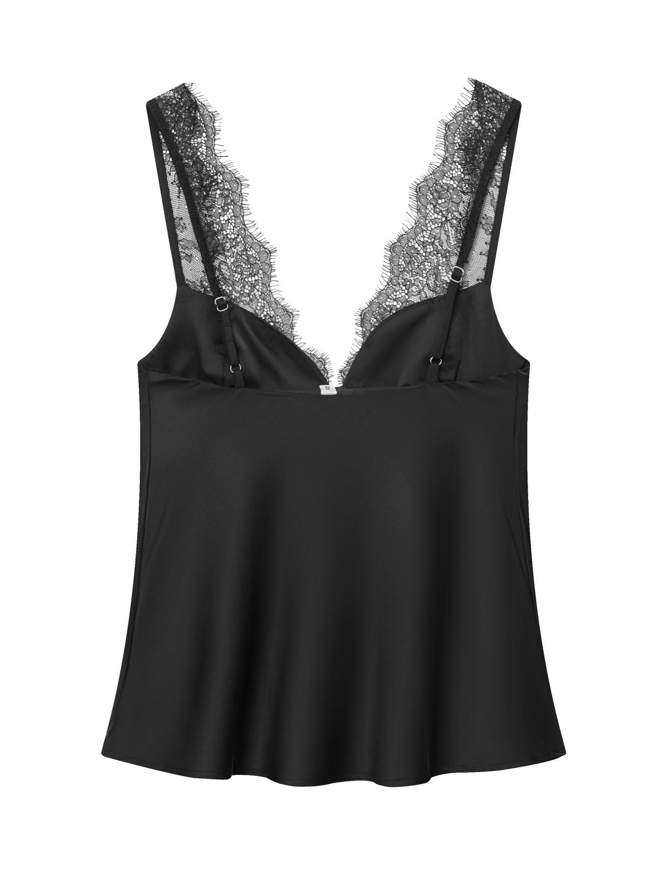 Women's Lace Satin Deep V Neck Tank Top, Slim Fit Sleeveless Design, Fashionable and Comfortable, Elegant Lace Details, Casual Sleeveless Cami