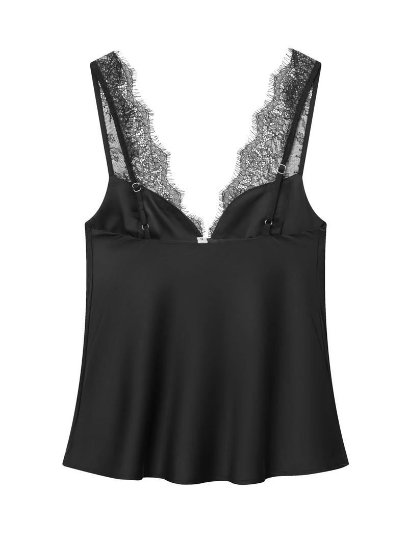 Women's Lace Satin Deep V Neck Tank Top, Slim Fit Sleeveless Design, Fashionable and Comfortable, Elegant Lace Details, Casual Sleeveless Cami