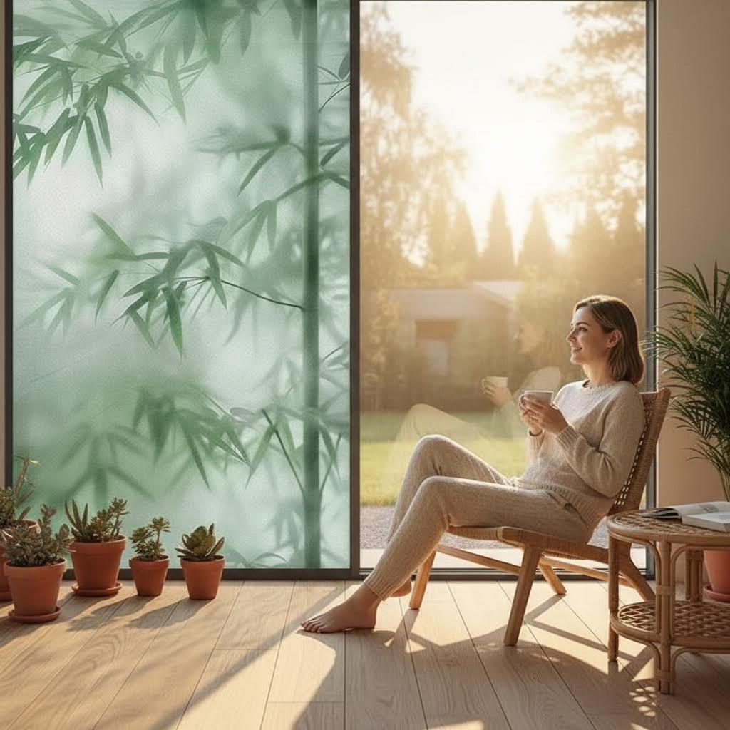 Bamboo Shadow Privacy Window Film, Adhesive-Free Static Window Film, Removable Kitchen Window Sticker, UV Protection Cuttable Window Decal