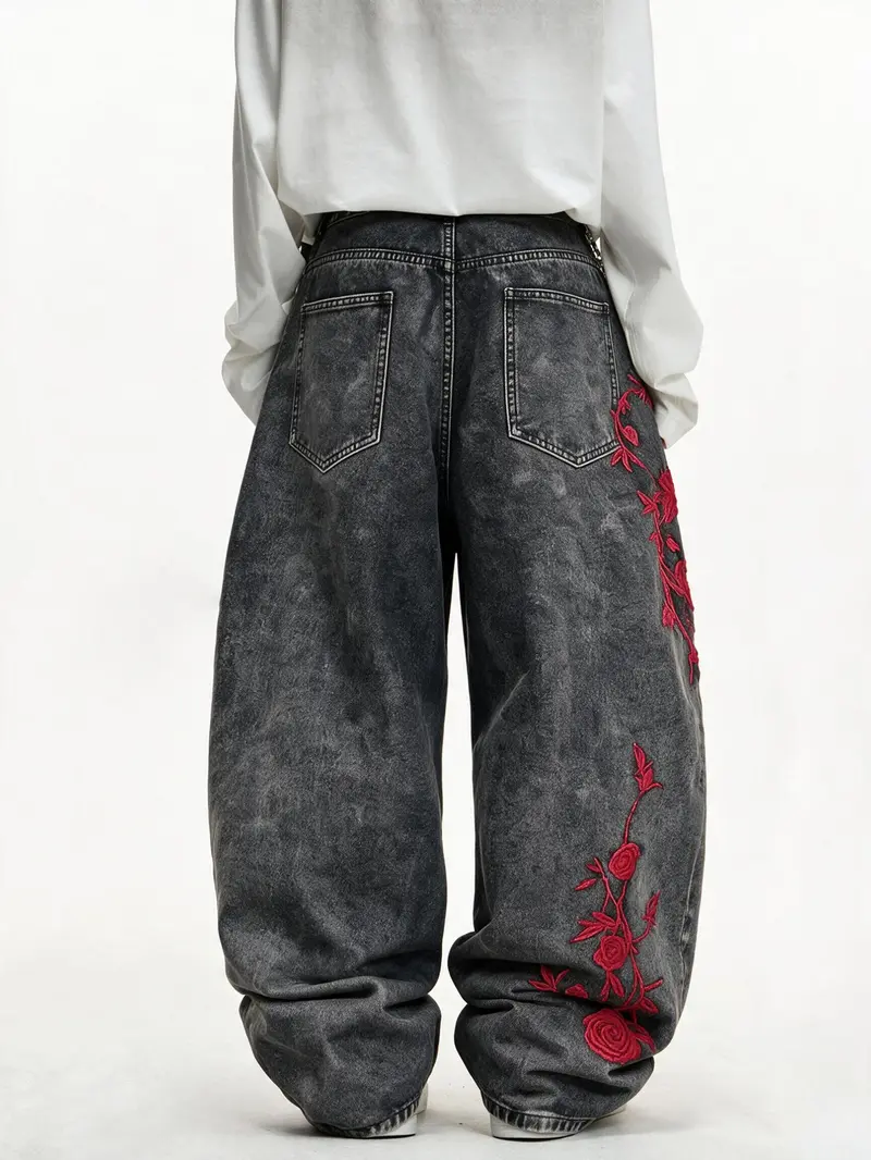 Men's Rose Embroidered Wide Leg Jeans, Vintage Washed Loose Fit Streetwear, Trendy Hip-Hop Long Pants, All Seasons Fashion