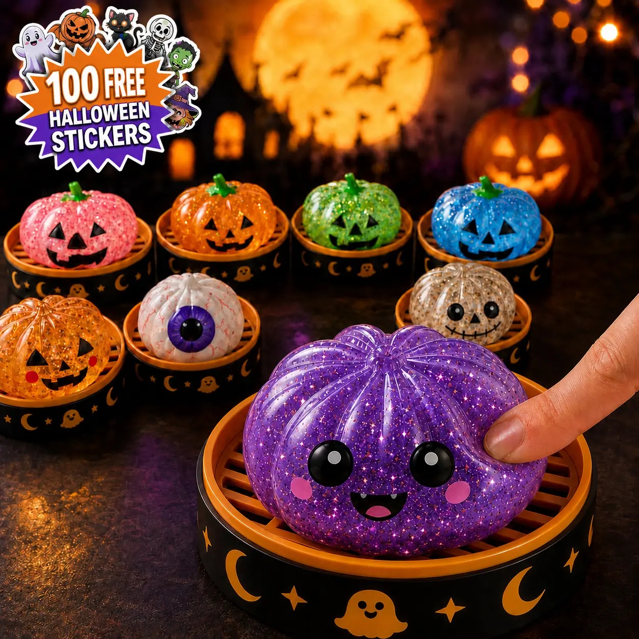 Cute Halloween Monster Glitter Fill Squishy Toy - Soft Sensory Fidget Toy, Stress Reliever, Desk Play Party Favors, Goodie Bag Fillers, Halloween Gifts with 8 Selectable Styles, Fidget Toys
