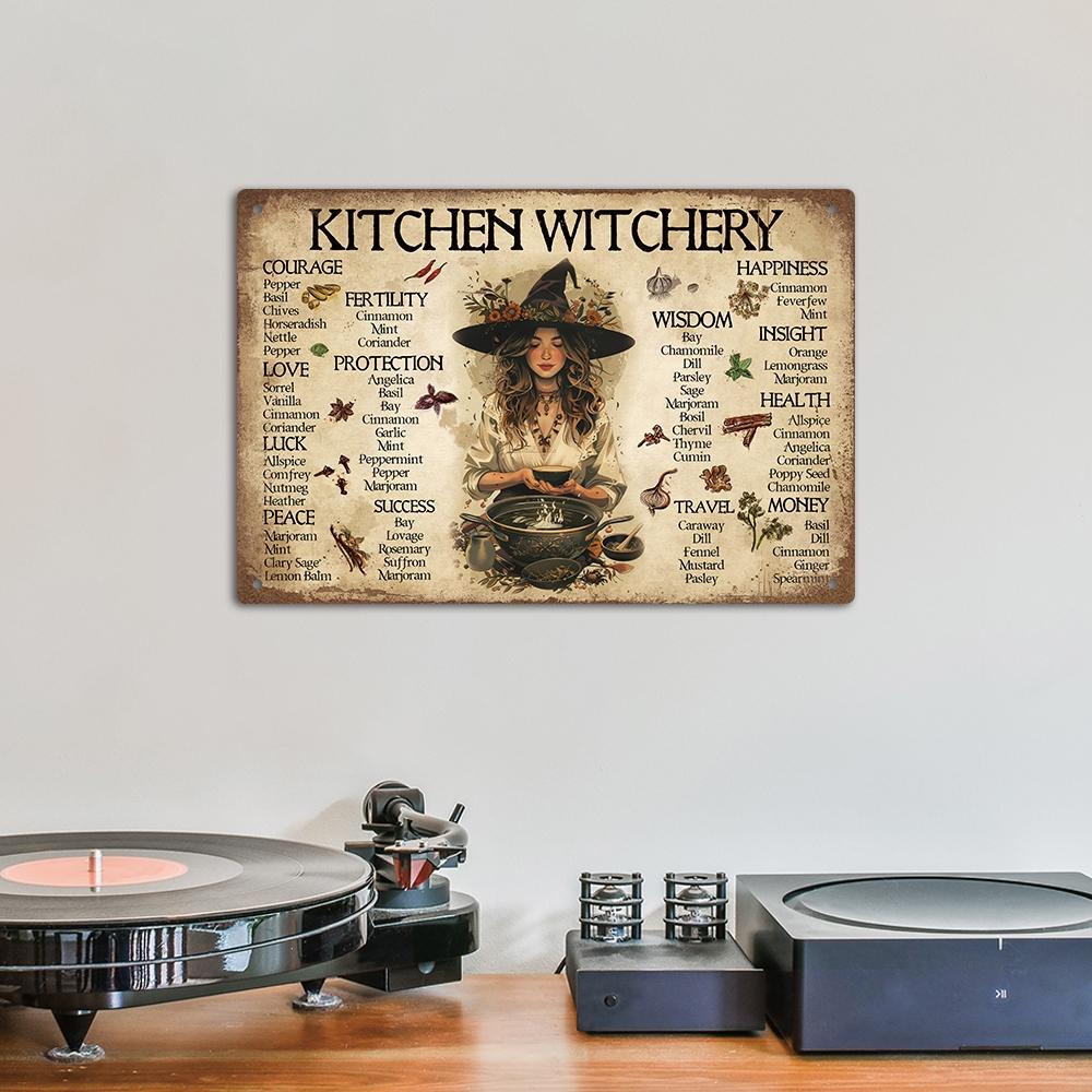 Vintage Kitchen Witchery Metal Tin Sign, 1 Count Kitchen Witchery Tin Sign, Wall Art Decor for Home Farmhouse, Wall Hanging, House Decor, Vintage Plaque Decor