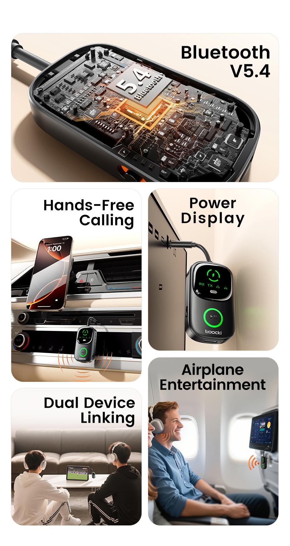 Toocki Bluetooth 5.4 Audio Reciever Transmitter RT/TX 2 In 1 3.5mm AUX Dual Device Adapter for TV Earphones Cars Airplane Car LED Display 3.5mm Jack AUX Bluetooth Dongle