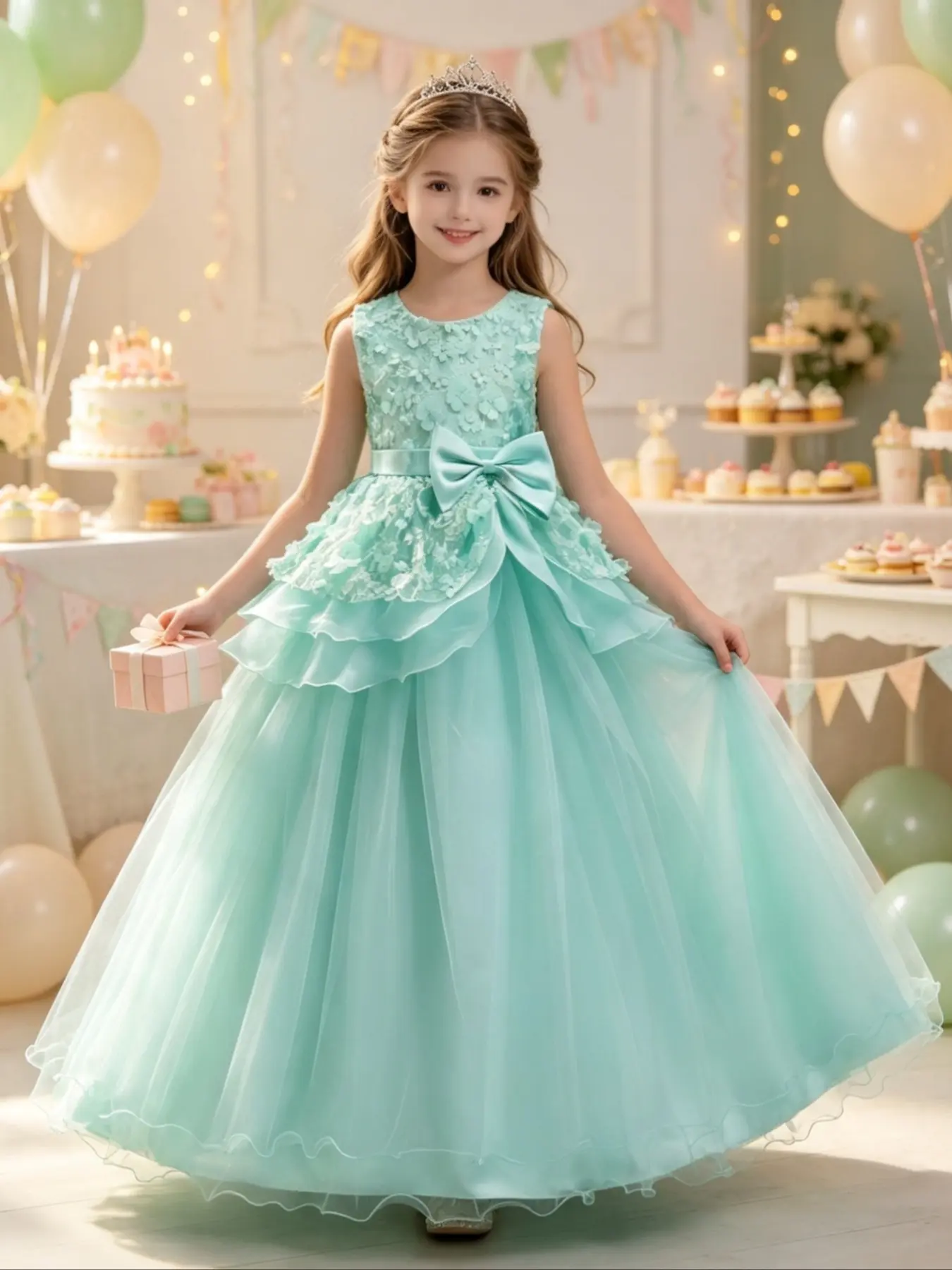 Girls' Floral Long Dress, Elegant Princess Gown for Weddings, Birthday Parties, Holiday Gatherings, Piano Performances, Evening Events