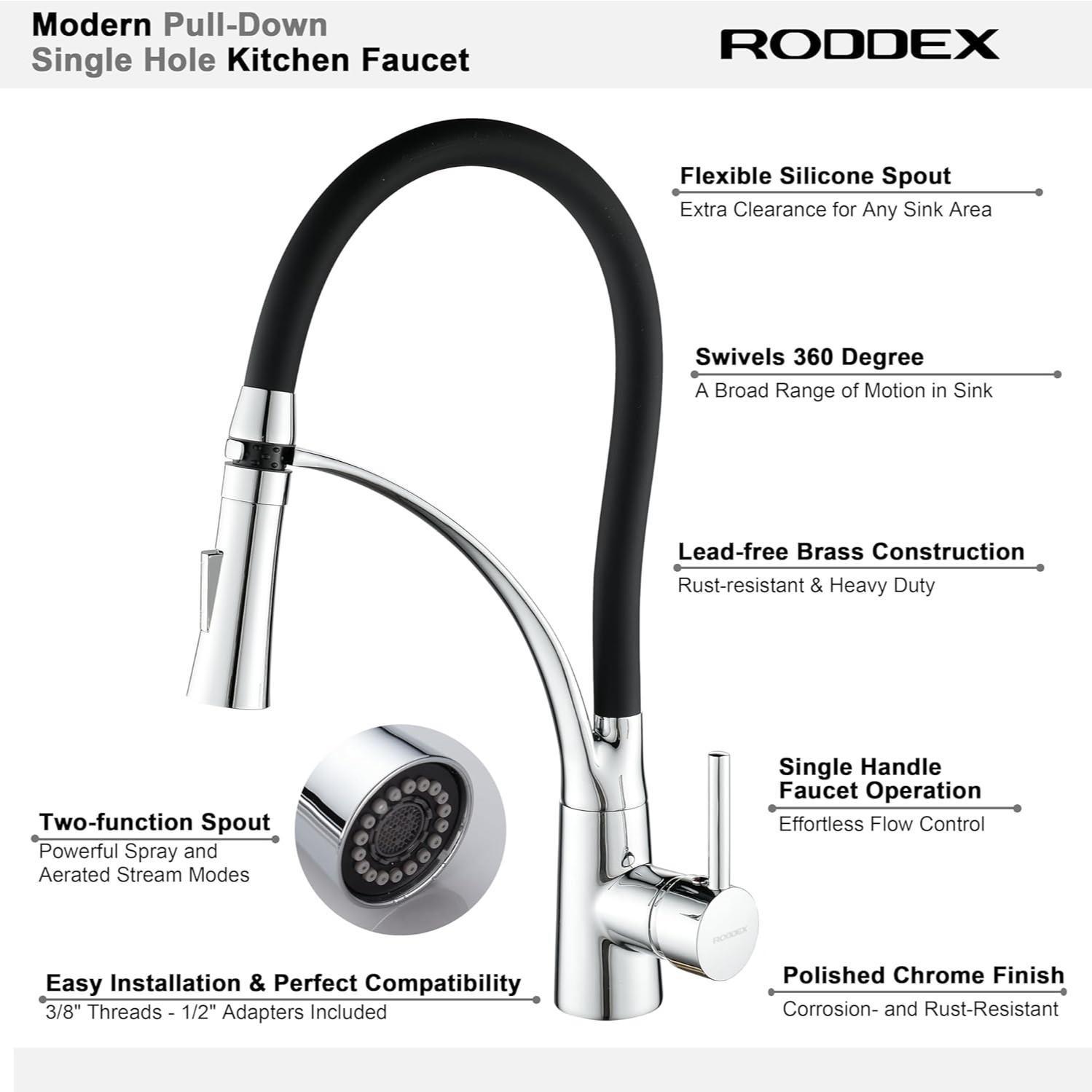 Extractable Kitchen Faucet Flexible Silicone Sprayer, Single Handle Pull-Down Brass Goose Neck, Modern High Arc, Polished Chrome Rubber Nozzle Hose