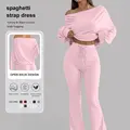 2-Piece Sporty Suit, Long Sleeve Off-Shoulder Top & High Waist Drawstring Pants, Yoga Fitness, Casual Style, Spring Summer Fall Winter